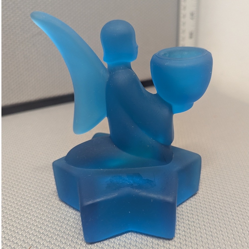 VTG LE Smith Frosted Blue Glass Angel Star Candle Holder Handcrafted Art Glass